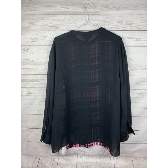 Worthington Top Womens size 1X Semi Sheer Black/Pink Solid back Button front - Picture 6 of 6